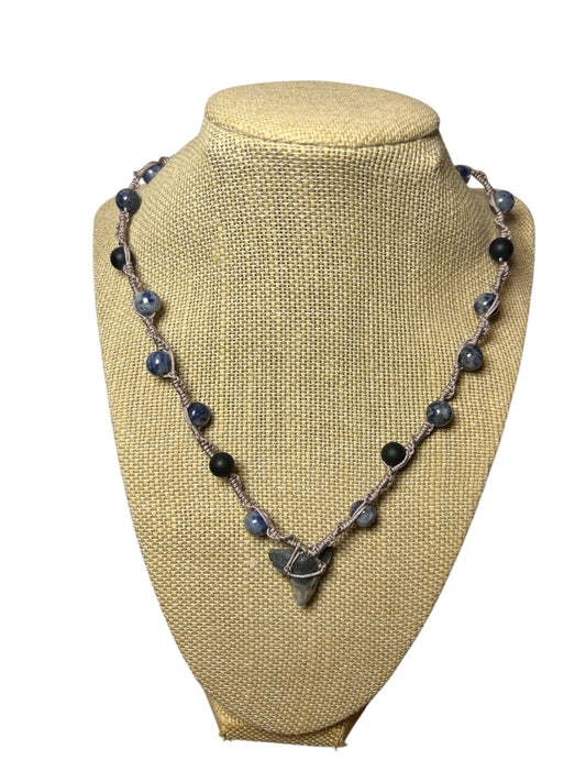 Macrame Necklace: Shark Tooth+Blue Spot Jasper+Onyx