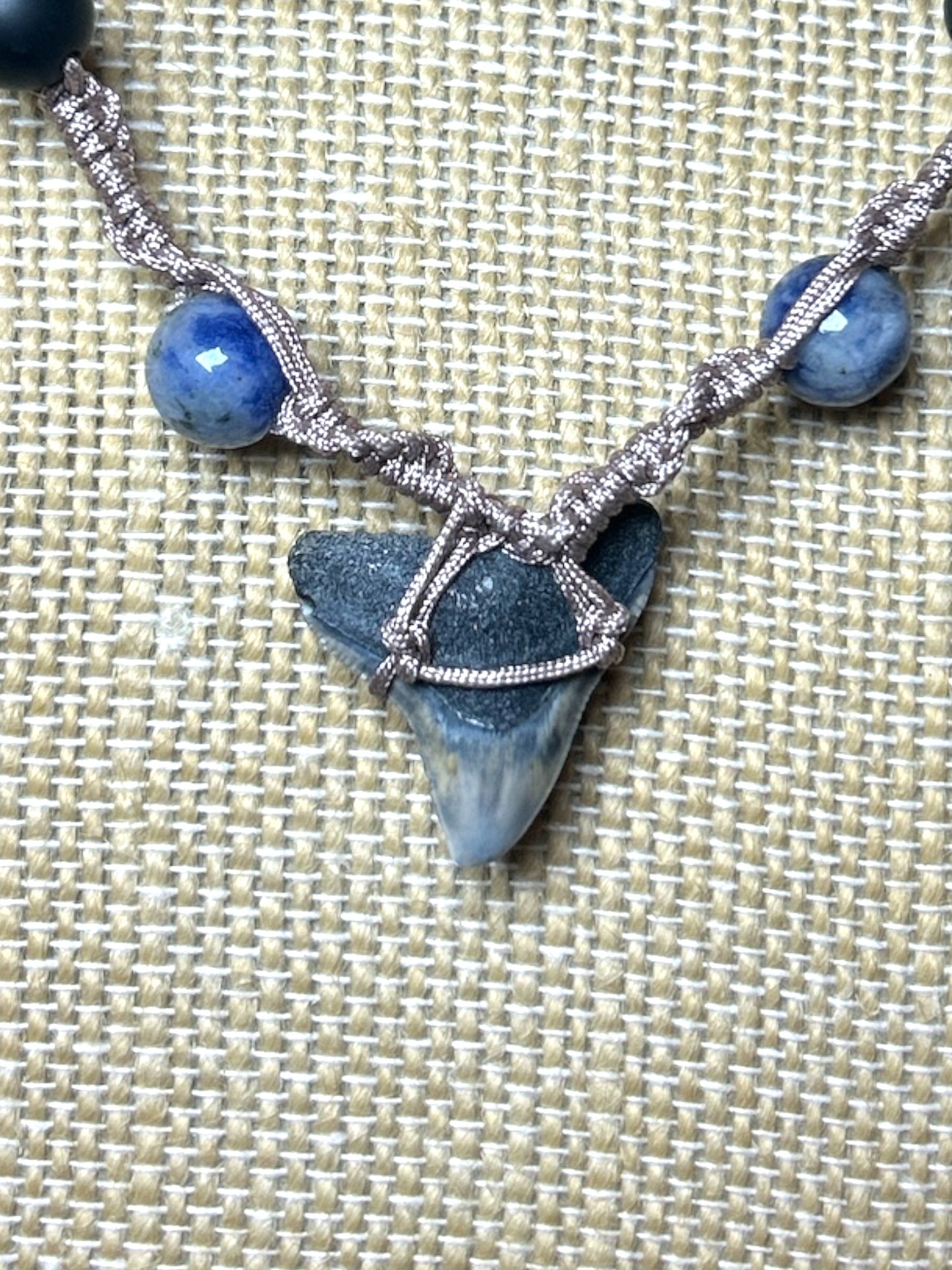 Macrame Necklace: Shark Tooth+Blue Spot Jasper+Onyx