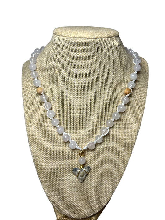Macrame Necklace: Shark Tooth+Rose Quartz