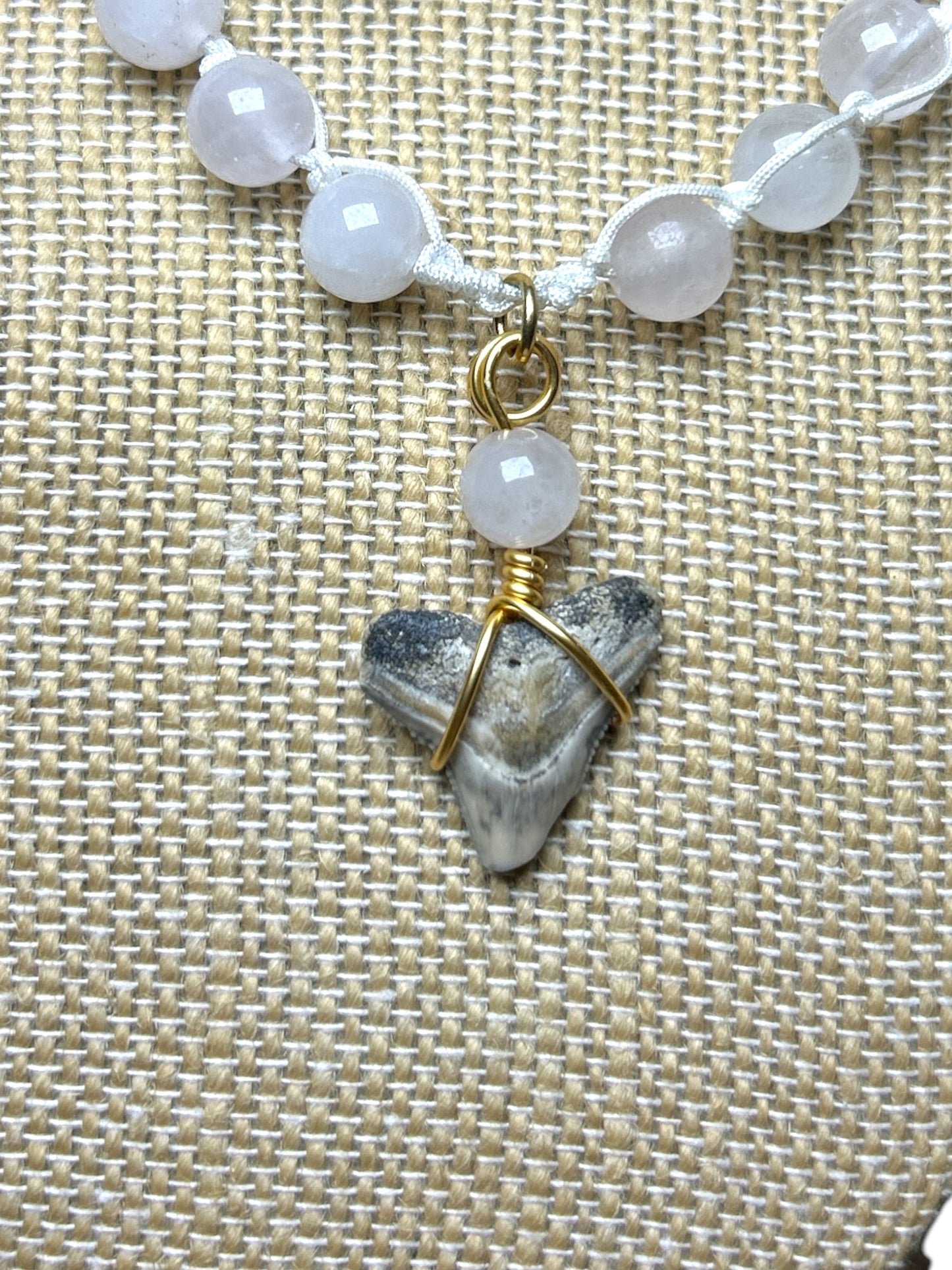 Macrame Necklace: Shark Tooth+Rose Quartz