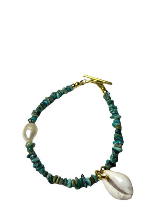 Green Turquoise, Pearl & Cowrie Bracelet